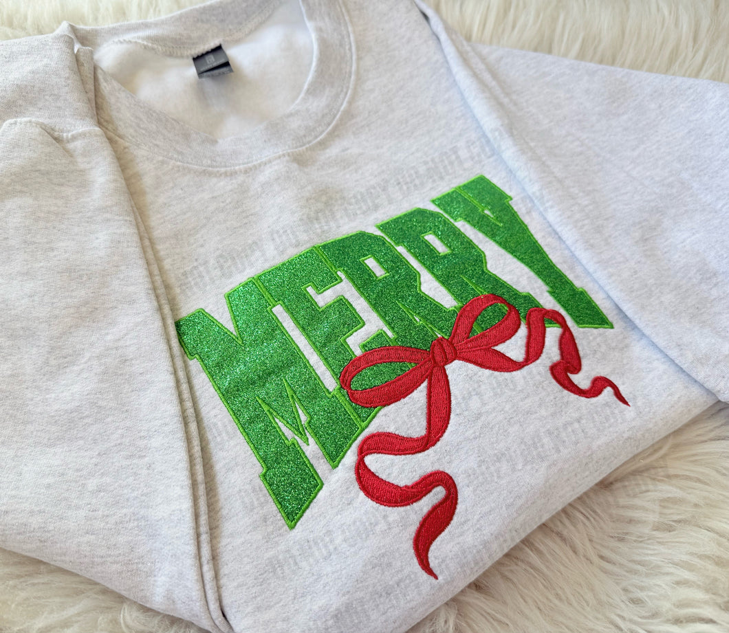Merry Applique with Bow - (Christmas Embroidered) -WS