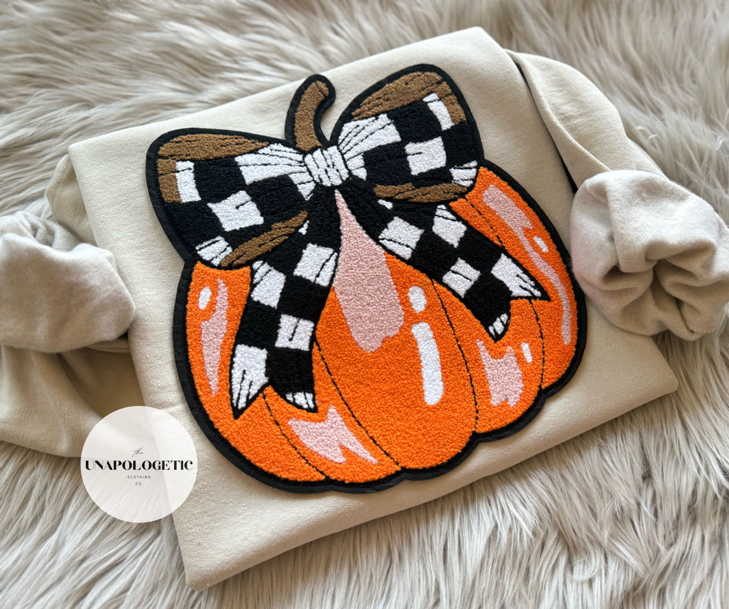 Pumpkin With Checkered Bow Chenille Patch Sweatshirt - WS