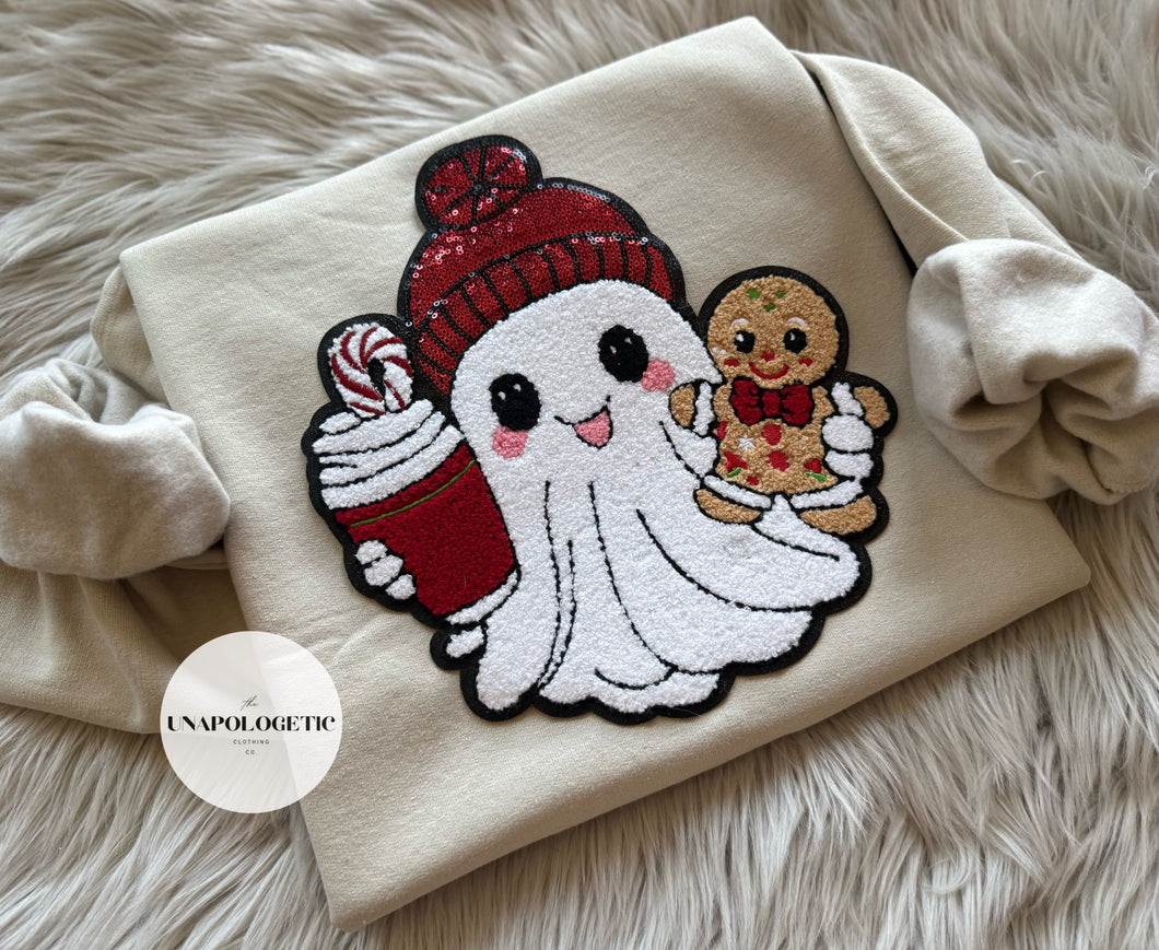Christmas Ghostie Chenille/Sequin Patch Sweatshirt - WS